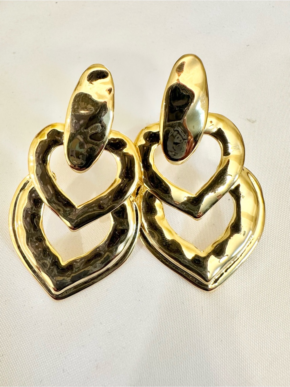 VTG Gold Double Heart Dangle Earrings - Clips